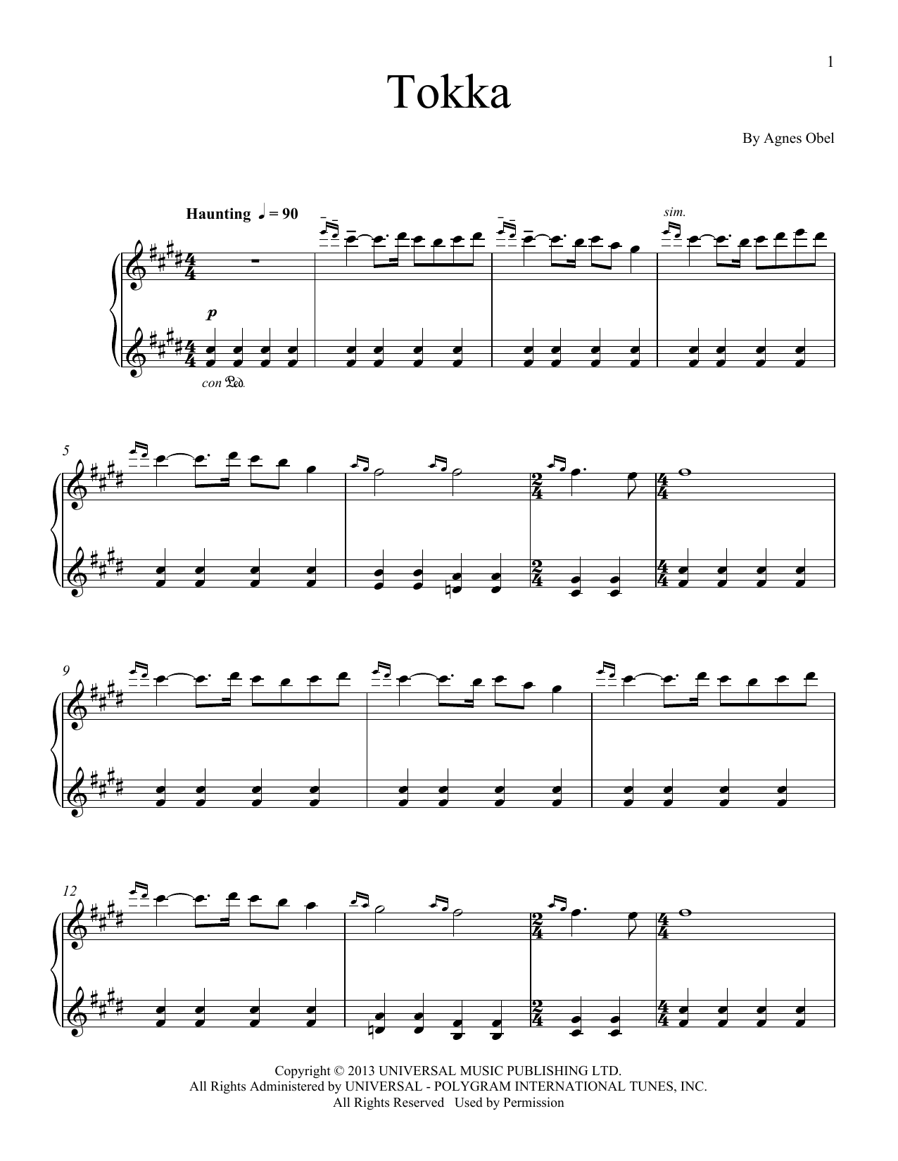 Agnes Obel Tokka Sheet Music Notes & Chords for Piano Solo - Download or Print PDF