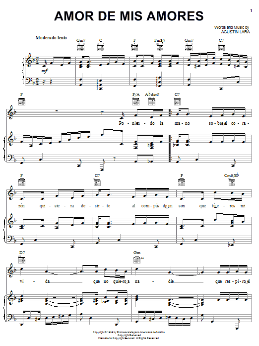 Agustin Lara Amor De Mis Amores Sheet Music Notes & Chords for Piano, Vocal & Guitar (Right-Hand Melody) - Download or Print PDF