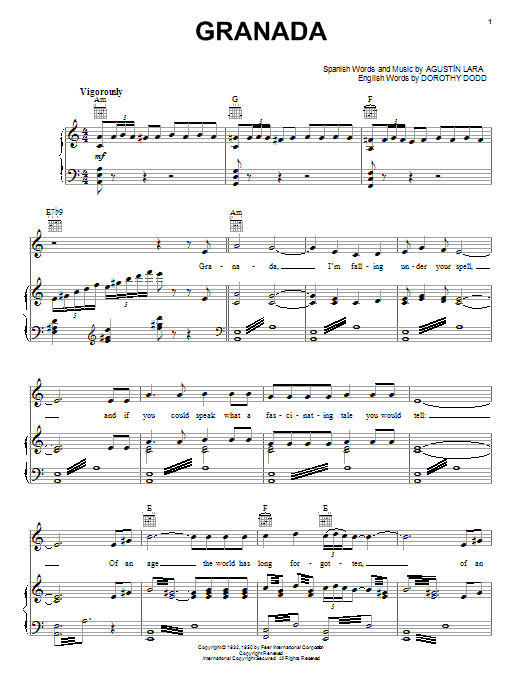 Agustin Lara Granada Sheet Music Notes & Chords for Piano, Vocal & Guitar (Right-Hand Melody) - Download or Print PDF