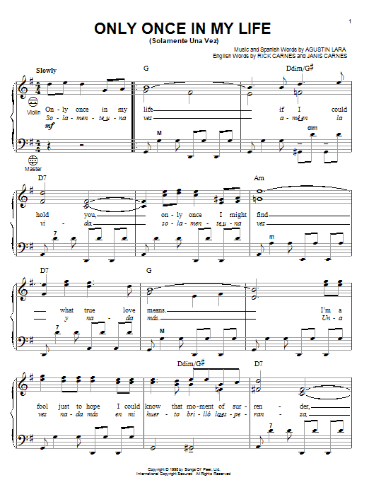 Agustin Lara Only Once In My Life (Solamente Una Vez) Sheet Music Notes & Chords for Piano, Vocal & Guitar (Right-Hand Melody) - Download or Print PDF