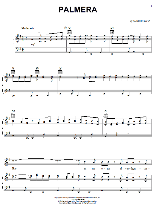 Agustin Lara Palmera Sheet Music Notes & Chords for Piano, Vocal & Guitar (Right-Hand Melody) - Download or Print PDF