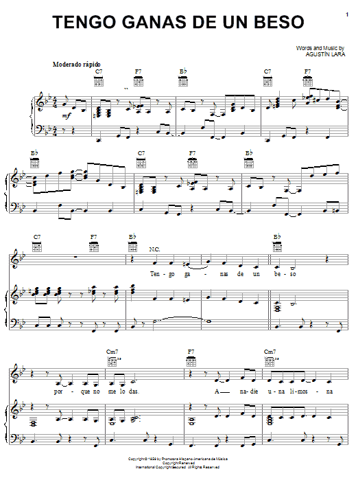 Agustin Lara Tengo Ganas De Un Beso Sheet Music Notes & Chords for Piano, Vocal & Guitar (Right-Hand Melody) - Download or Print PDF Agustin Lara Tengo Ganas De Un Beso Sheet Music Notes & Chords for Piano, Vocal & Guitar (Right-Hand Melody) - Download or Print PDF