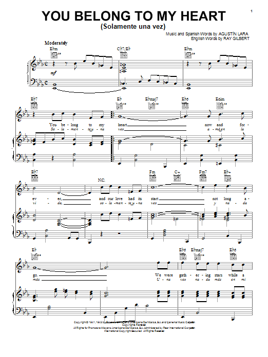 Agustin Lara You Belong To My Heart (Solamente Una Vez) Sheet Music Notes & Chords for Melody Line, Lyrics & Chords - Download or Print PDF