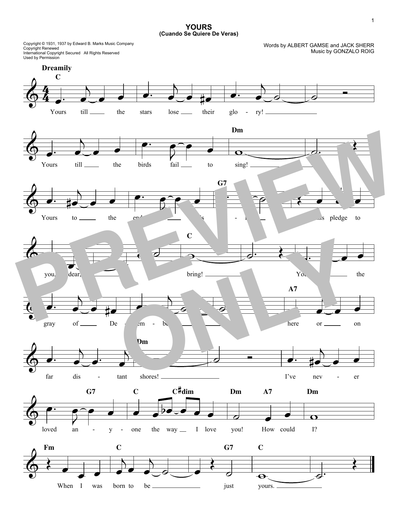 Agustin Rodriguez Yours (Quiereme Mucho) Sheet Music Notes & Chords for Melody Line, Lyrics & Chords - Download or Print PDF
