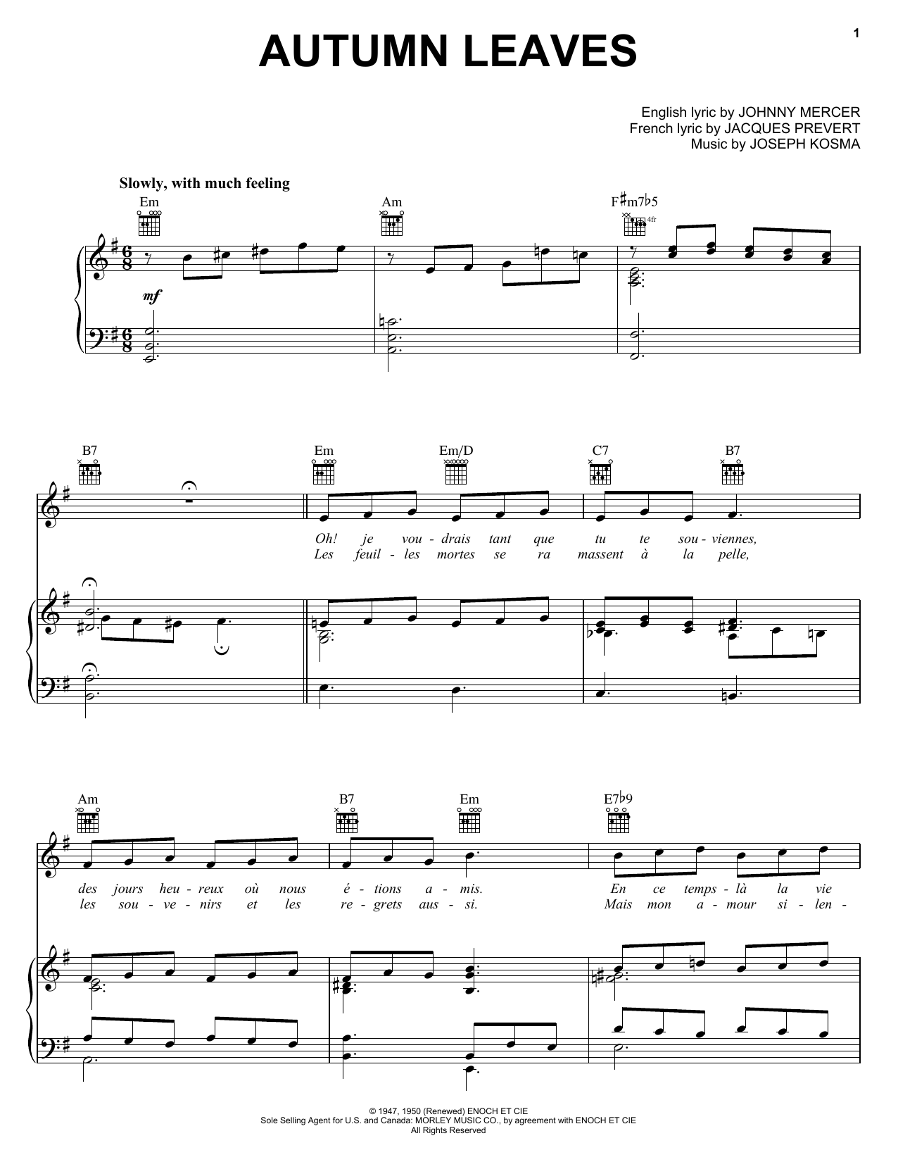 Ahmad Jamal Autumn Leaves Sheet Music Notes & Chords for Piano, Vocal & Guitar (Right-Hand Melody) - Download or Print PDF