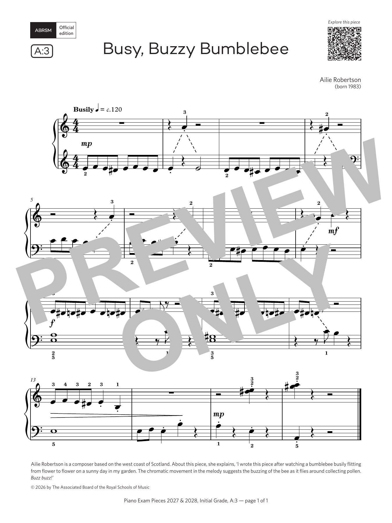 Ailie Robertson Busy, Buzzy Bumblebee (Grade Initial, list A3, from the ABRSM Piano Syllabus 2027 & 2028) Sheet Music Notes & Chords for Piano Solo - Download or Print PDF