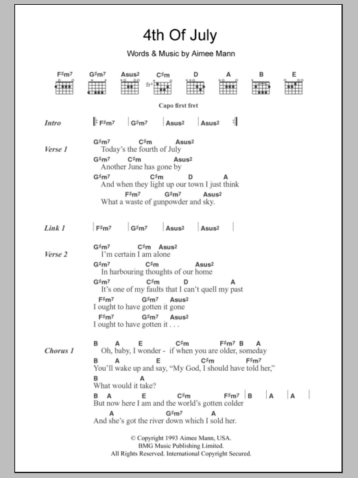 Aimee Mann 4th Of July Sheet Music Notes & Chords for Lyrics & Chords - Download or Print PDF