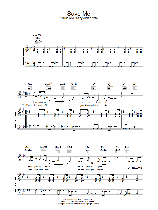 Aimee Mann Save Me Sheet Music Notes & Chords for Piano, Vocal & Guitar - Download or Print PDF