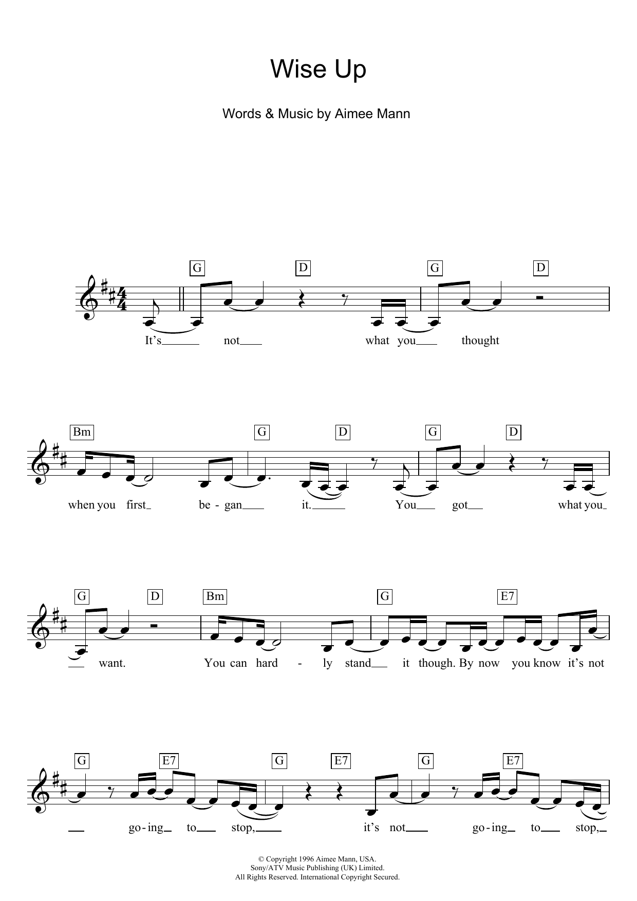 Aimee Mann Wise Up (from Magnolia) Sheet Music Notes & Chords for Lead Sheet / Fake Book - Download or Print PDF