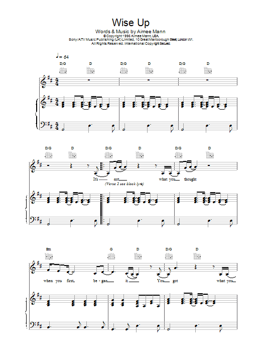 Aimee Mann Wise Up (from Magnolia) Sheet Music Notes & Chords for Melody Line, Lyrics & Chords - Download or Print PDF