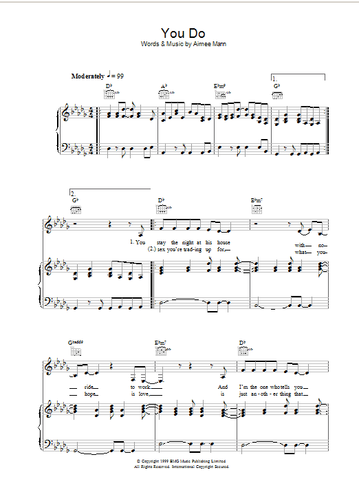 Aimee Mann You Do Sheet Music Notes & Chords for Piano, Vocal & Guitar - Download or Print PDF