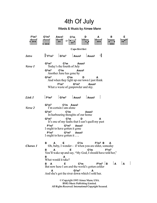 Aimee Mann 4th Of July Sheet Music Notes & Chords for Lyrics & Chords - Download or Print PDF