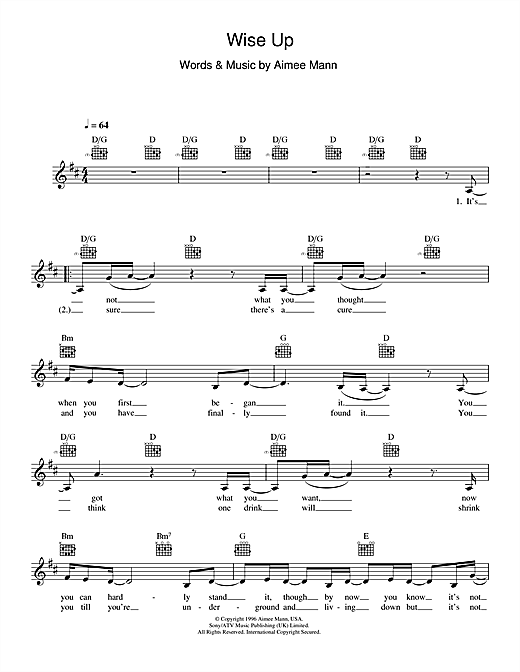 Preview Aimee Mann Wise Up (from Magnolia) Pop sheet music, notes and chords for Lead Sheet / Fake Book, SKU: 358024 Wise Up (from Magnolia) sheet music