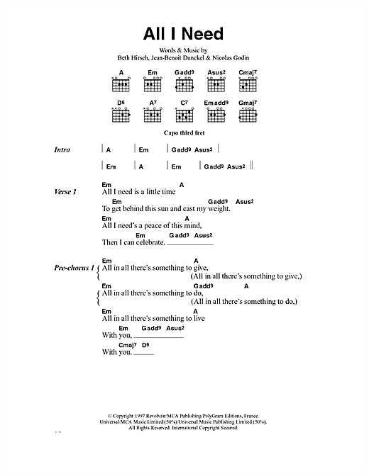 Preview Air All I Need Pop sheet music, notes and chords for Piano, Vocal & Guitar, SKU: 19132 sheet music, piano notes, chords, guitar tabs, score, transpose, transcribe, how to play, guide, download, learn, tutorial, progression, song, artist, awards, billboard, mtv, vh1, tour, single, album, release