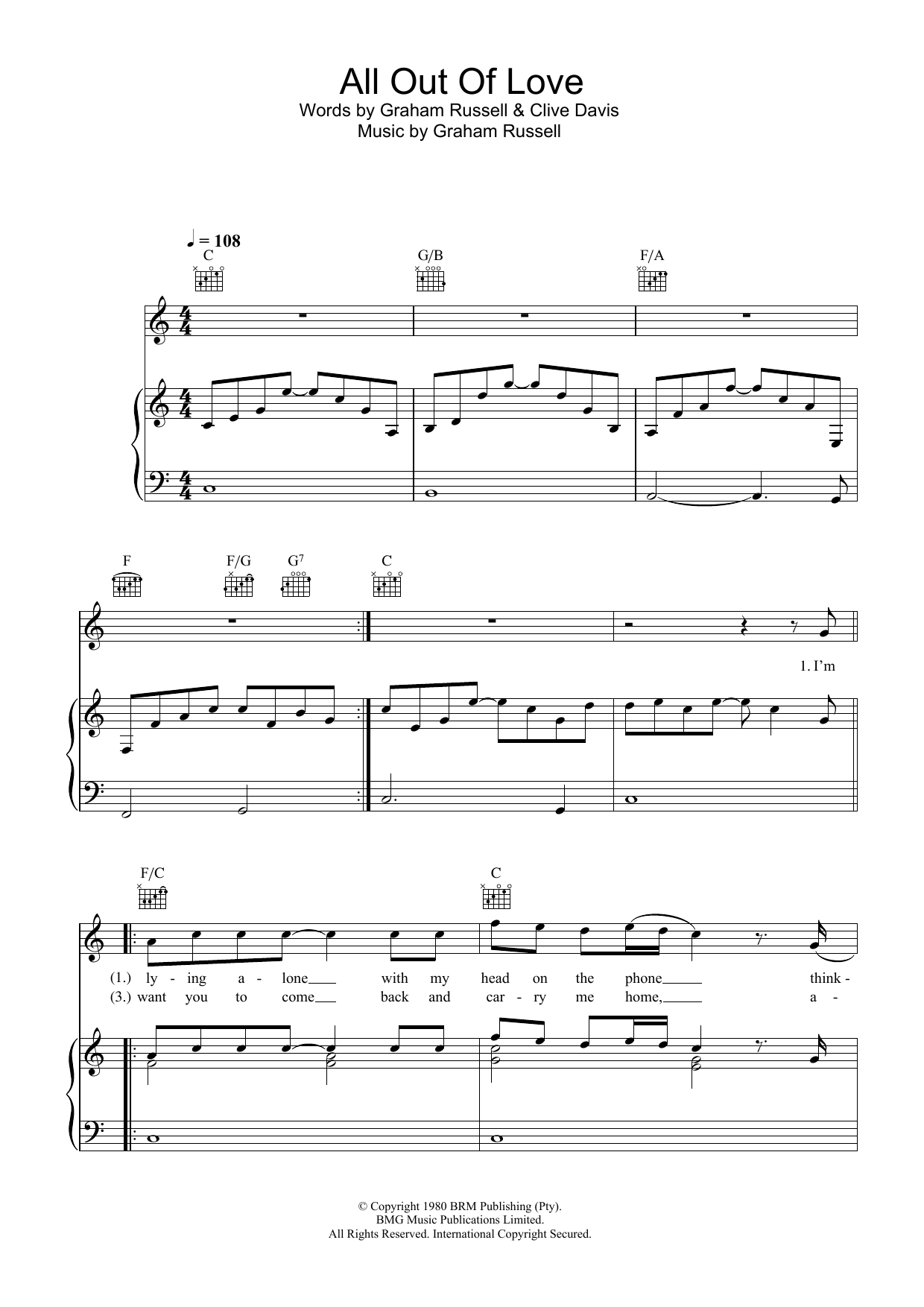Air Supply All Out Of Love Sheet Music Notes & Chords for Lyrics & Chords - Download or Print PDF