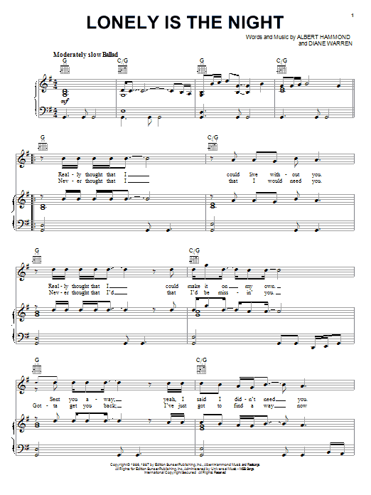 Air Supply Lonely Is The Night Sheet Music Notes & Chords for Piano, Vocal & Guitar (Right-Hand Melody) - Download or Print PDF