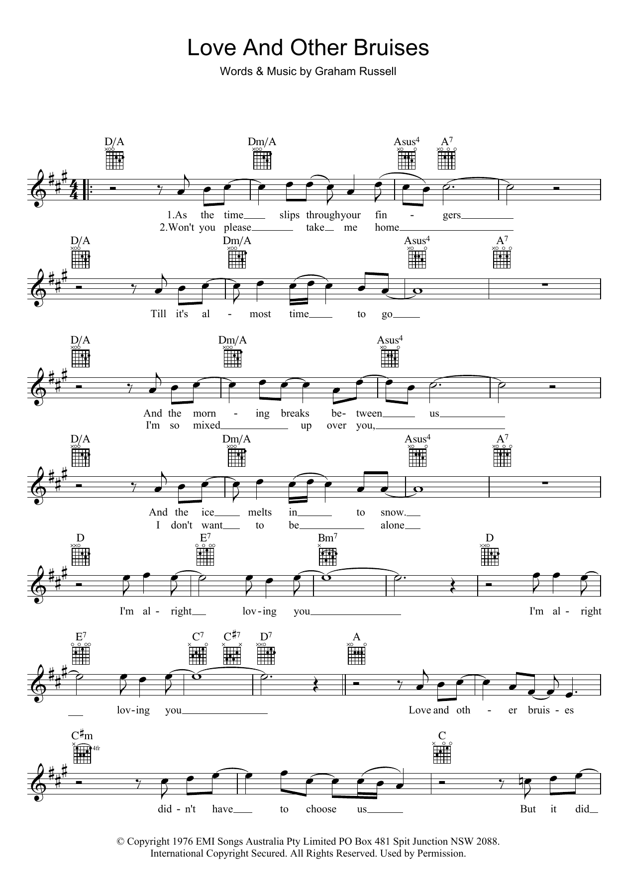 Air Supply Love And Other Bruises Sheet Music Notes & Chords for Melody Line, Lyrics & Chords - Download or Print PDF