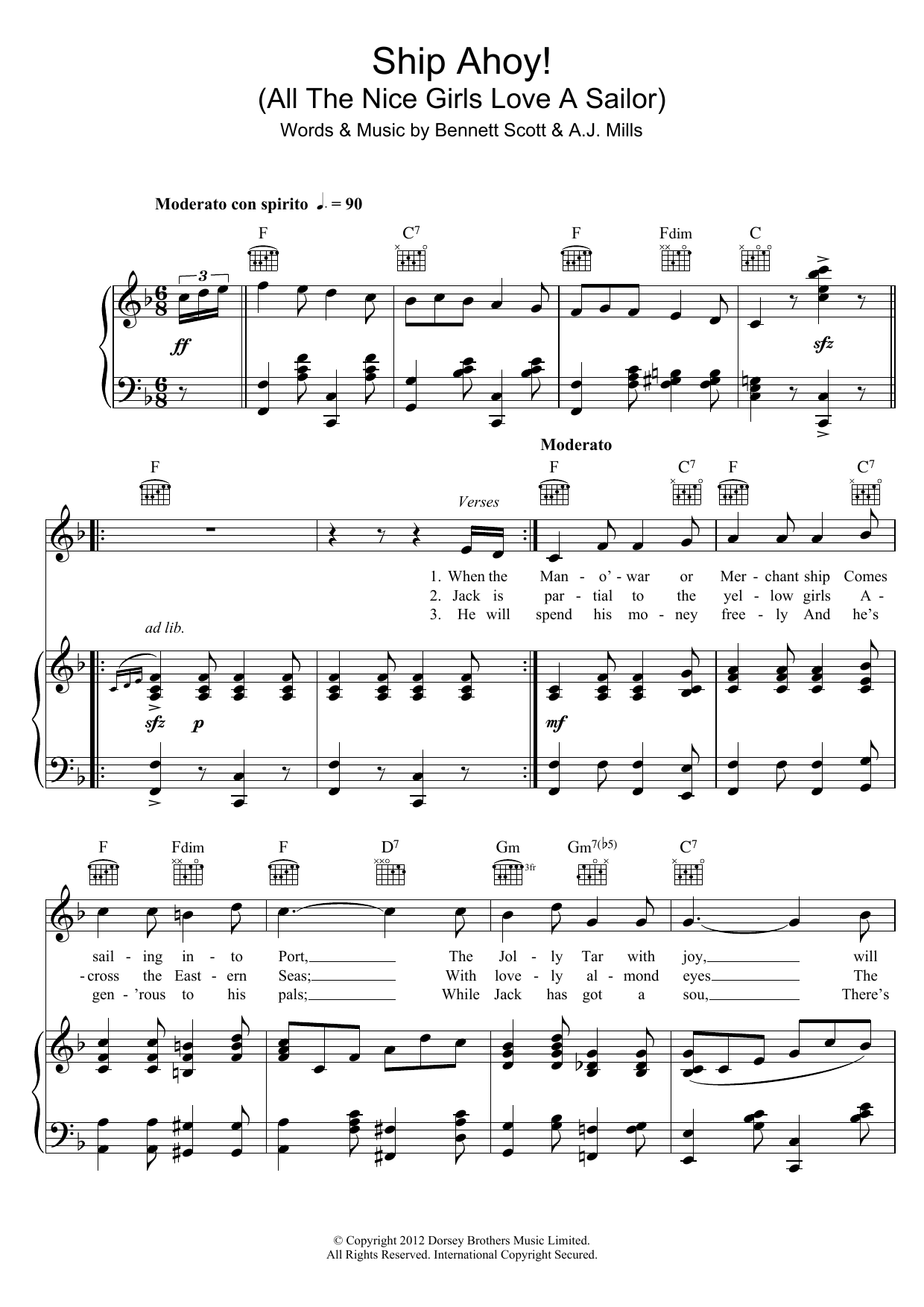 A.J. Mills Ship Ahoy! (All The Nice Girls Love A Sailor) Sheet Music Notes & Chords for Piano, Vocal & Guitar - Download or Print PDF