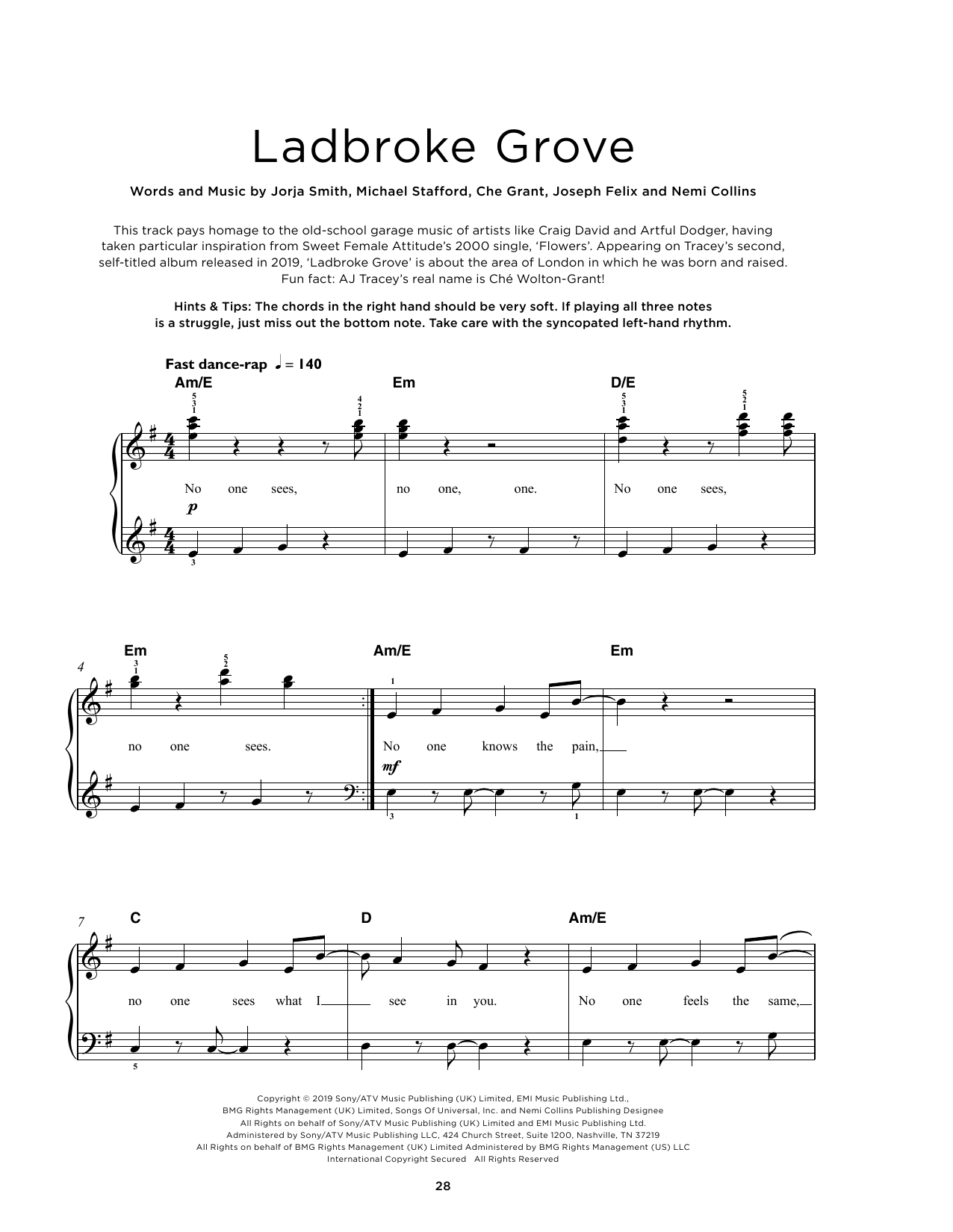 AJ Tracey Ladbroke Grove Sheet Music Notes & Chords for Really Easy Piano - Download or Print PDF