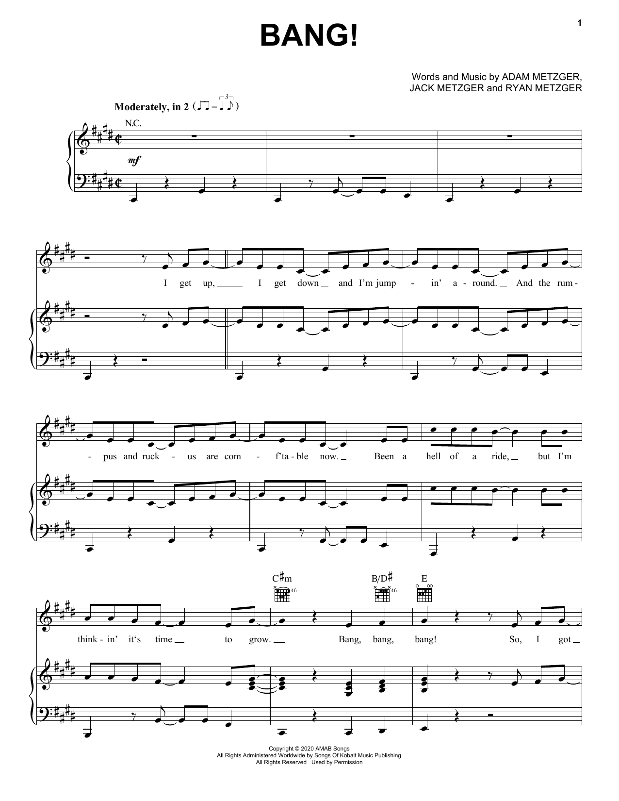 AJR Bang! Sheet Music Notes & Chords for Piano, Vocal & Guitar (Right-Hand Melody) - Download or Print PDF