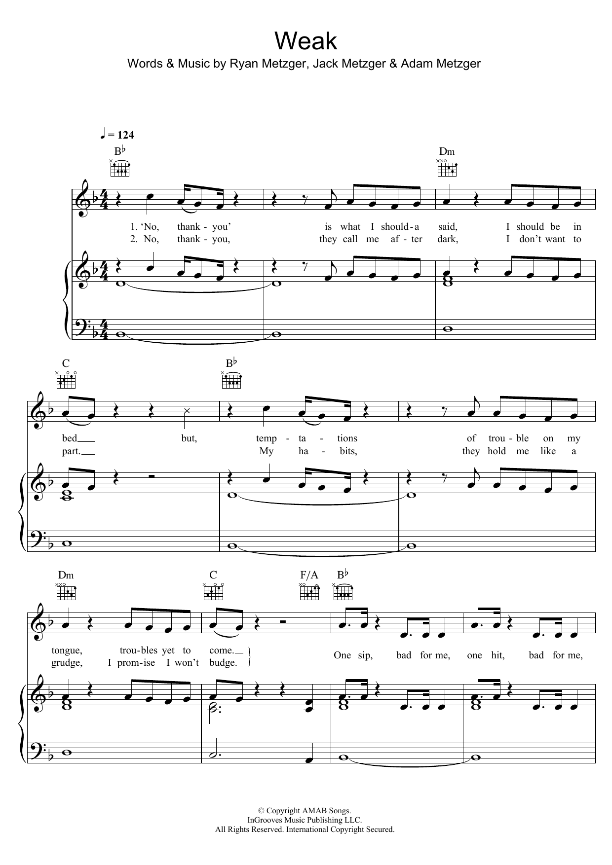 AJR Weak Sheet Music Notes & Chords for Piano, Vocal & Guitar (Right-Hand Melody) - Download or Print PDF