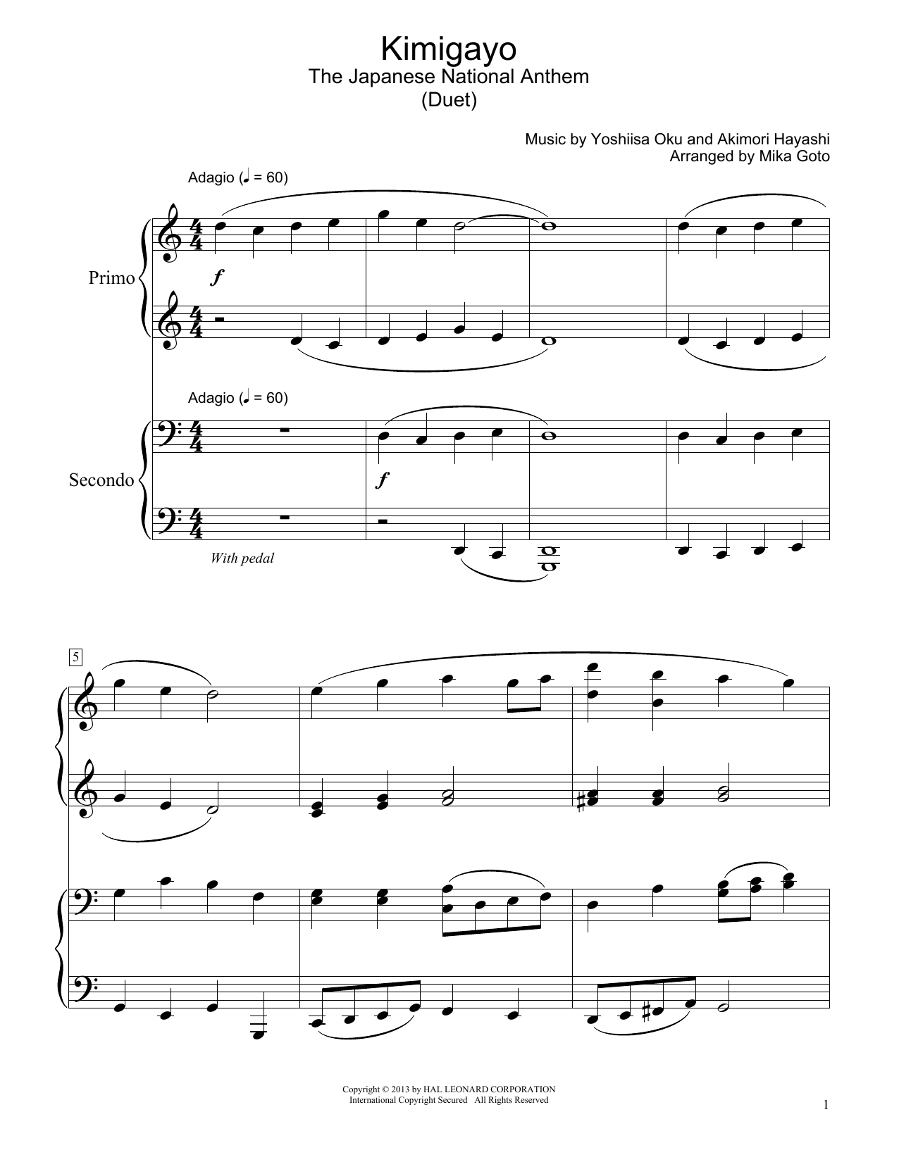 Akimori Hayashi Kimigayo (Japanese National Anthem) (arr. Mika Goto) Sheet Music Notes & Chords for Piano Duet - Download or Print PDF