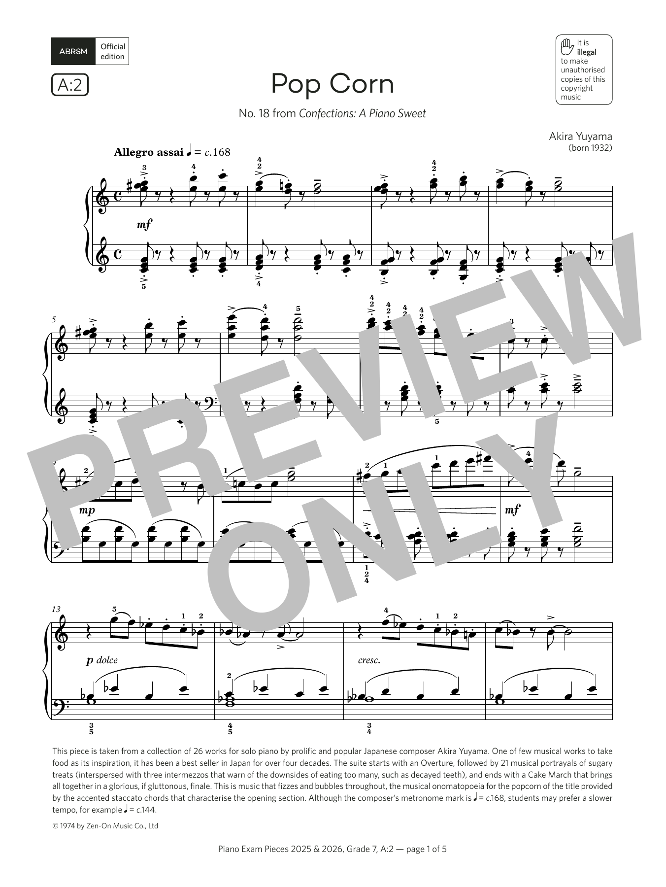 Akira Yuyama Pop Corn (Grade 7, list A2, from the ABRSM Piano Syllabus 2025 & 2026) Sheet Music Notes & Chords for Piano Solo - Download or Print PDF