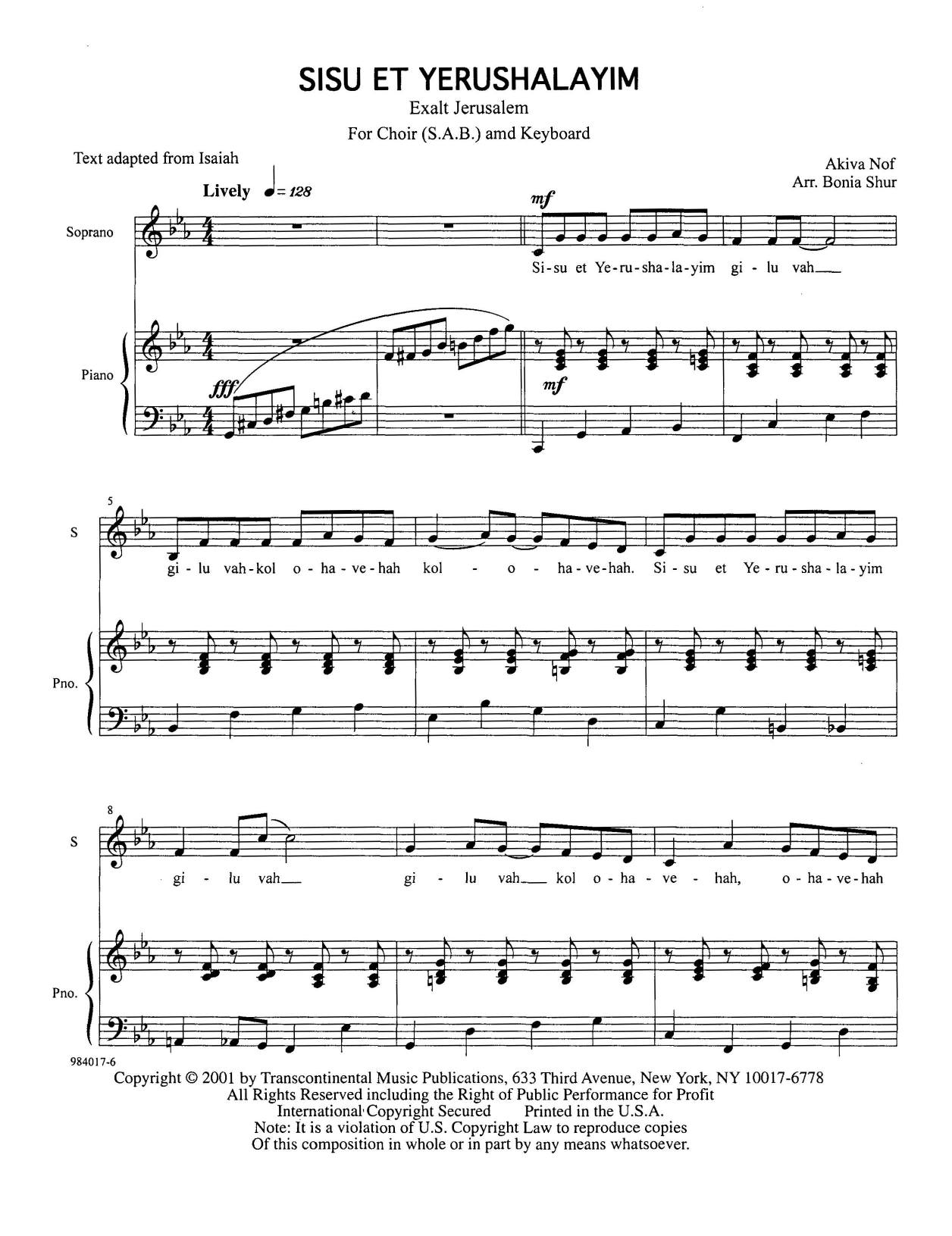 Akiva Nof Sisu Et Yerushalayim (Exalt Jerusalem) Sheet Music Notes & Chords for SAB Choir - Download or Print PDF