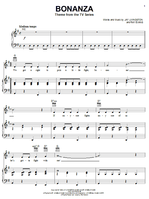 Al Caiola Bonanza Sheet Music Notes & Chords for Piano, Vocal & Guitar (Right-Hand Melody) - Download or Print PDF
