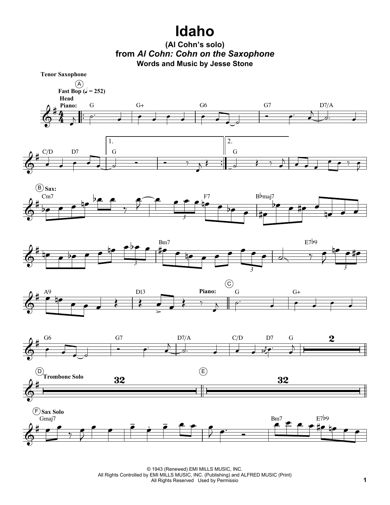 Al Cohn Idaho Sheet Music Notes & Chords for Tenor Sax Transcription - Download or Print PDF