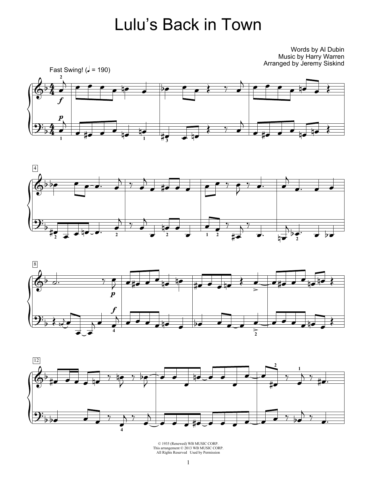 Al Dubin Lulu's Back In Town Sheet Music Notes & Chords for Educational Piano - Download or Print PDF