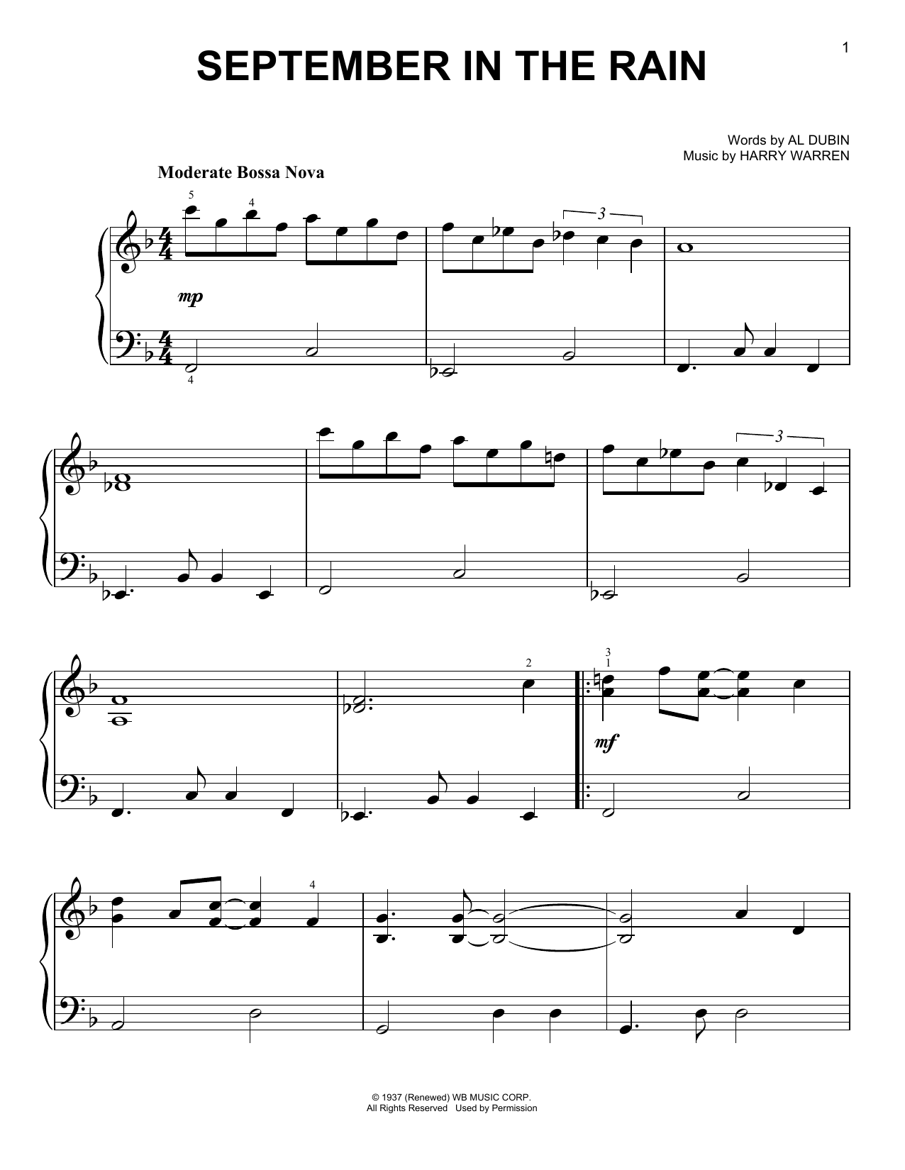 Al Dubin September In The Rain Sheet Music Notes & Chords for Easy Piano - Download or Print PDF