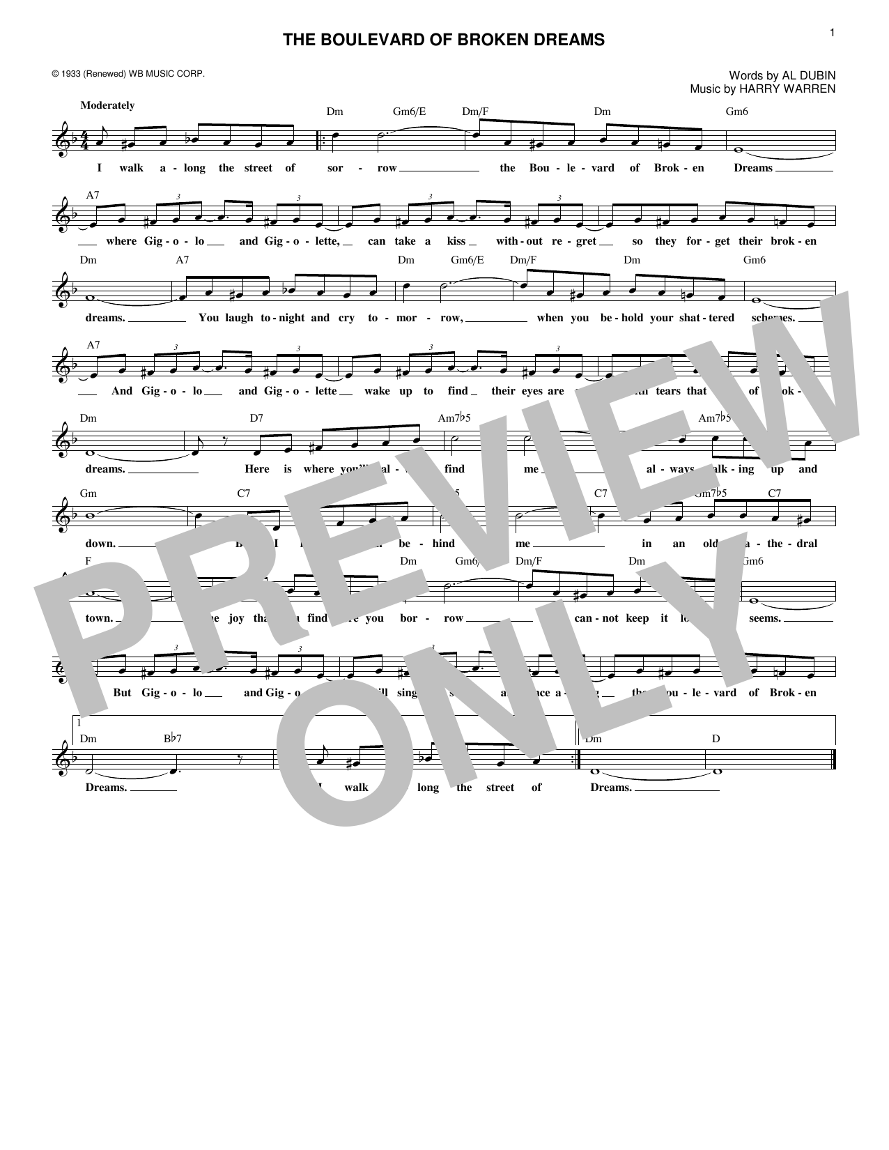 Al Dubin The Boulevard Of Broken Dreams Sheet Music Notes & Chords for Melody Line, Lyrics & Chords - Download or Print PDF