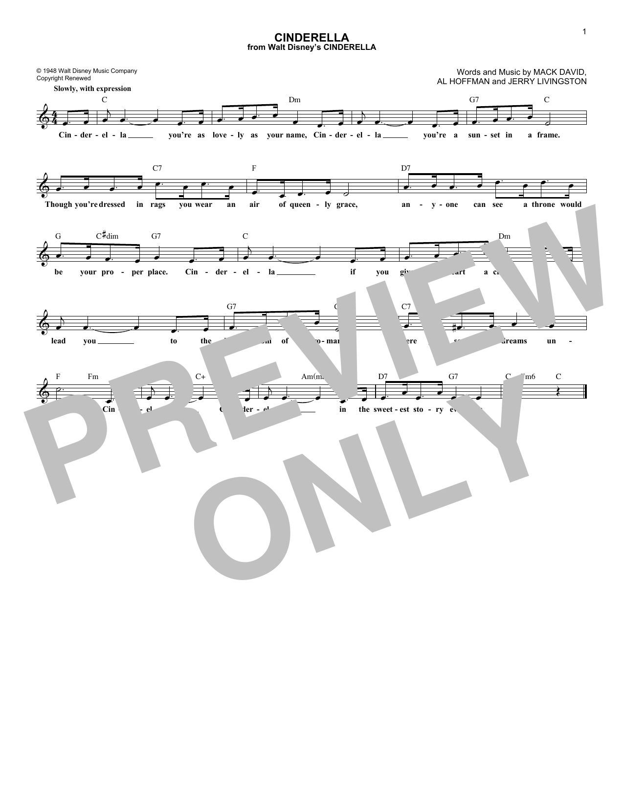 Al Hoffman Cinderella Sheet Music Notes & Chords for Melody Line, Lyrics & Chords - Download or Print PDF