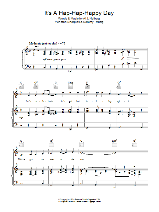 Al J. Neiburg It's A Hap-Hap-Happy Day Sheet Music Notes & Chords for Piano, Vocal & Guitar (Right-Hand Melody) - Download or Print PDF