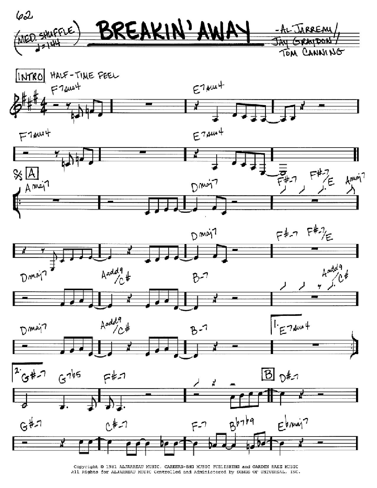 Al Jarreau Breakin' Away Sheet Music Notes & Chords for Real Book - Melody & Chords - C Instruments - Download or Print PDF