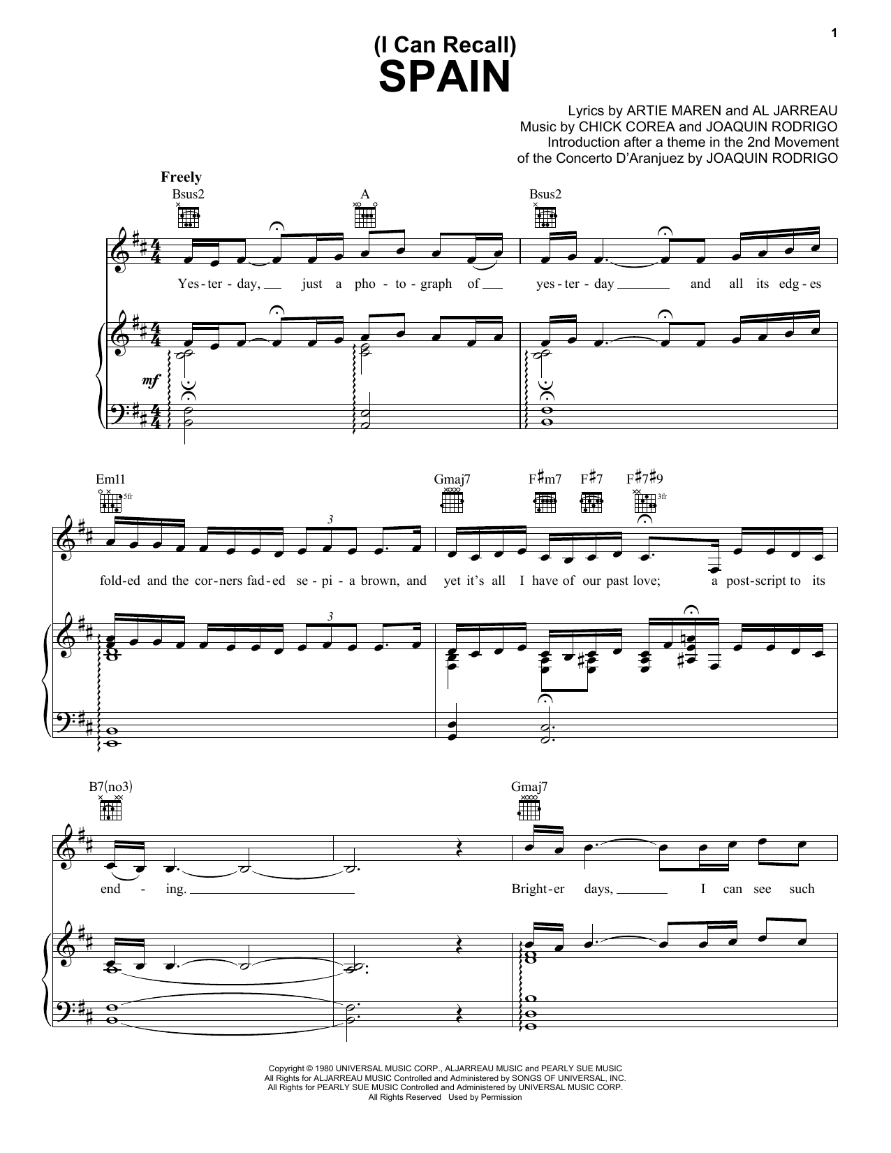 Al Jarreau (I Can Recall) Spain Sheet Music Notes & Chords for Piano, Vocal & Guitar (Right-Hand Melody) - Download or Print PDF
