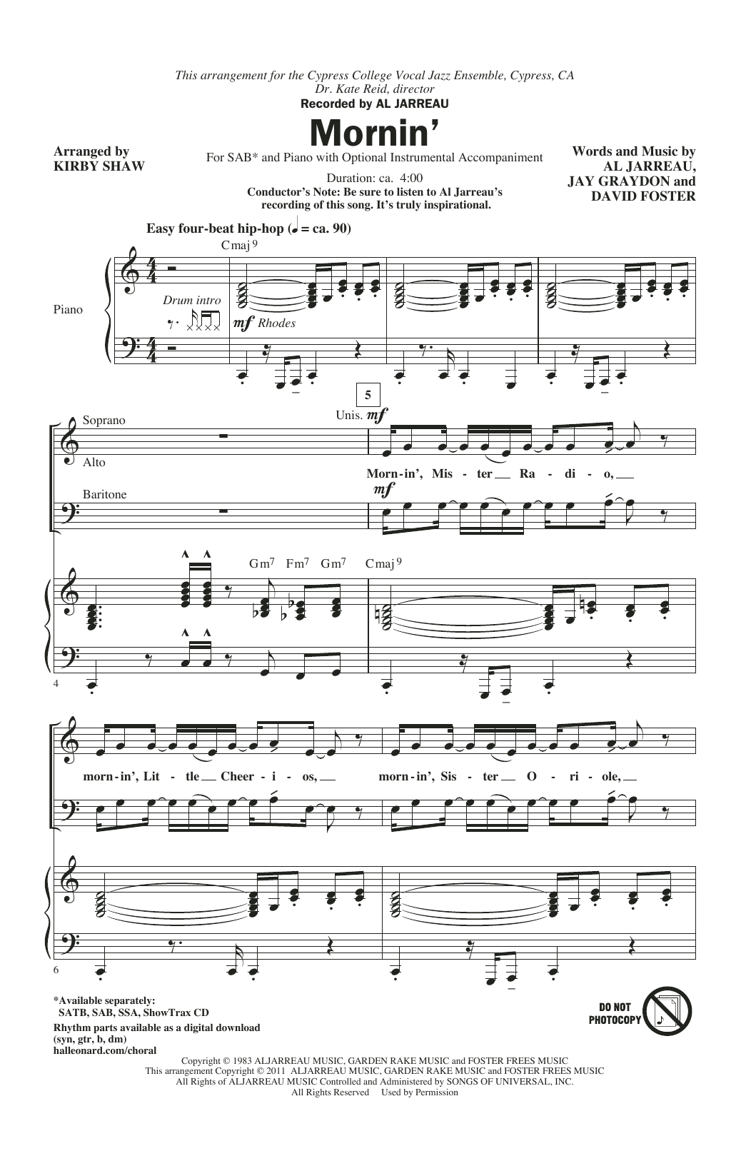 Al Jarreau Mornin' (arr. Kirby Shaw) Sheet Music Notes & Chords for SATB Choir - Download or Print PDF