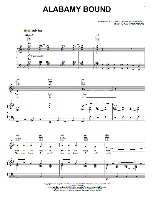 Al Jolson Alabamy Bound Sheet Music Notes & Chords for Piano, Vocal & Guitar (Right-Hand Melody) - Download or Print PDF