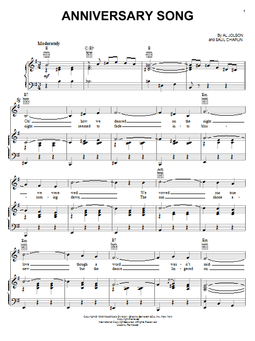 Al Jolson Anniversary Song Sheet Music Notes & Chords for Melody Line, Lyrics & Chords - Download or Print PDF