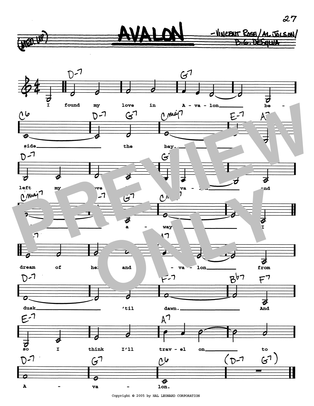 Al Jolson Avalon (Low Voice) Sheet Music Notes & Chords for Real Book – Melody, Lyrics & Chords - Download or Print PDF