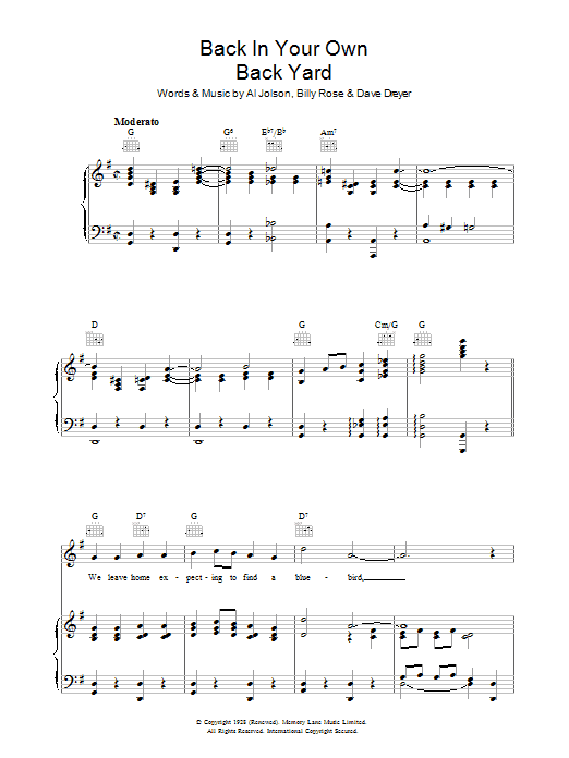 Al Jolson Back In Your Own Back Yard Sheet Music Notes & Chords for Piano, Vocal & Guitar (Right-Hand Melody) - Download or Print PDF Al Jolson Back In Your Own Back Yard Sheet Music Notes & Chords for Piano, Vocal & Guitar (Right-Hand Melody) - Download or Print PDF