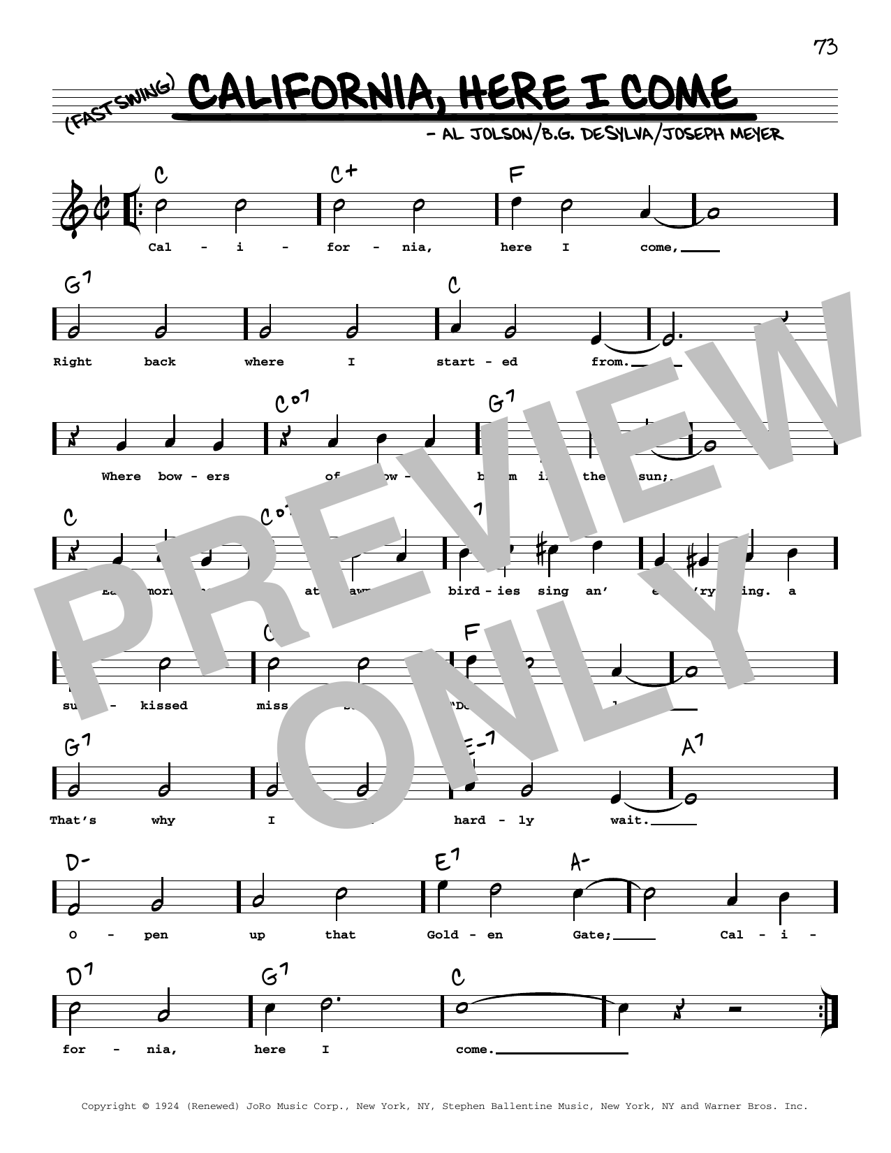 Al Jolson California, Here I Come (arr. Robert Rawlins) Sheet Music Notes & Chords for Real Book – Melody, Lyrics & Chords - Download or Print PDF