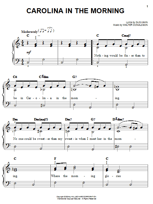 Al Jolson Carolina In The Morning Sheet Music Notes & Chords for Piano, Vocal & Guitar (Right-Hand Melody) - Download or Print PDF