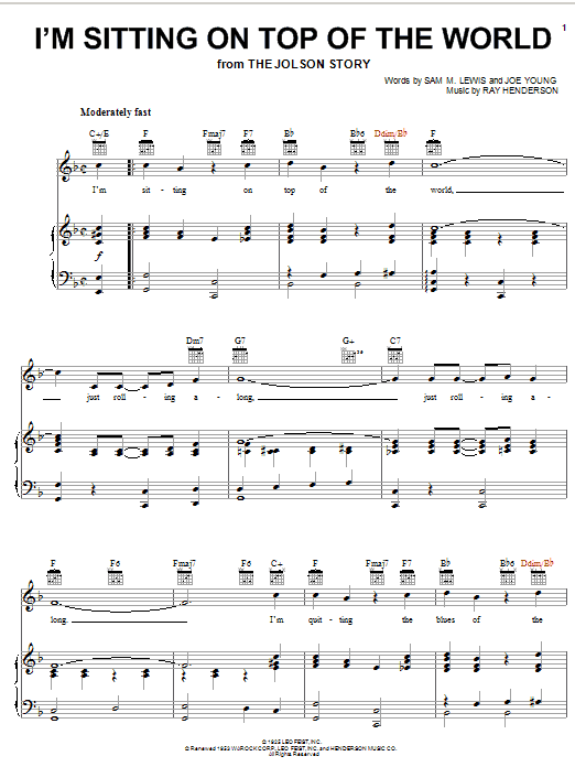 Al Jolson I'm Sitting On Top Of The World Sheet Music Notes & Chords for Piano, Vocal & Guitar (Right-Hand Melody) - Download or Print PDF