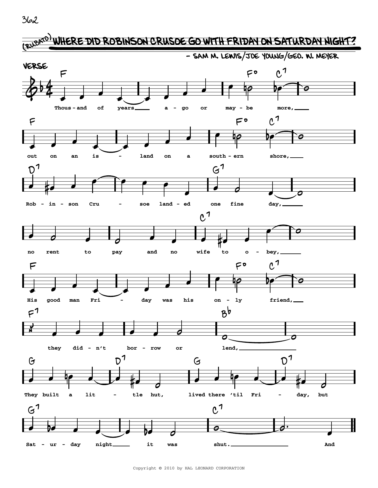 Al Jolson Where Did Robinson Crusoe Go With Friday On Saturday Night? (arr. Robert Rawlins) Sheet Music Notes & Chords for Real Book – Melody, Lyrics & Chords - Download or Print PDF