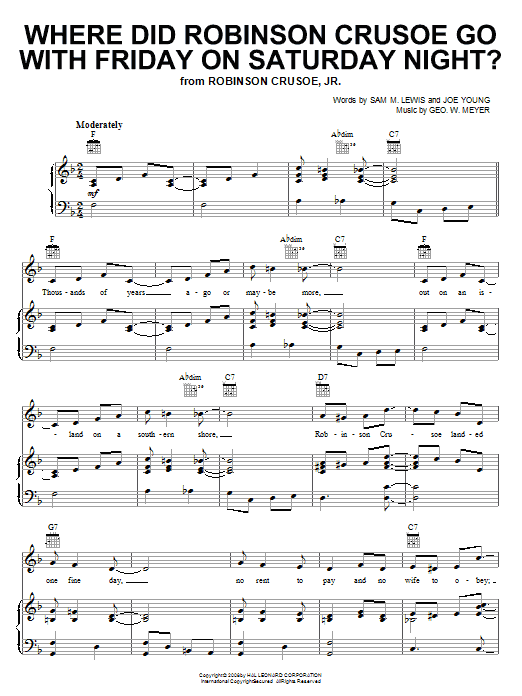 Al Jolson Where Did Robinson Crusoe Go With Friday On Saturday Night? Sheet Music Notes & Chords for Piano, Vocal & Guitar (Right-Hand Melody) - Download or Print PDF