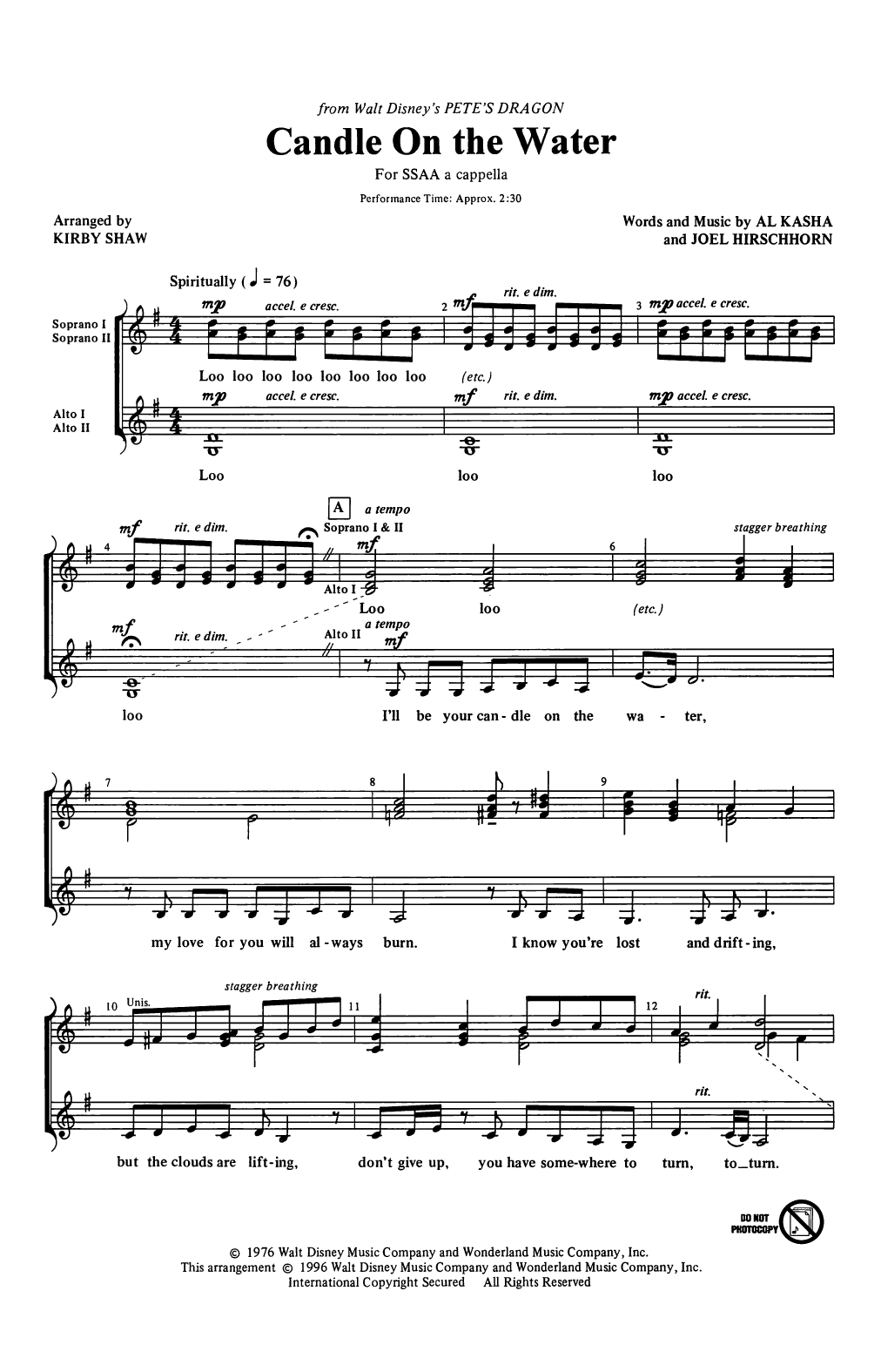 Al Kasha & Joel Hirschhorn Candle On The Water (arr. Kirby Shaw) Sheet Music Notes & Chords for SSAA Choir - Download or Print PDF