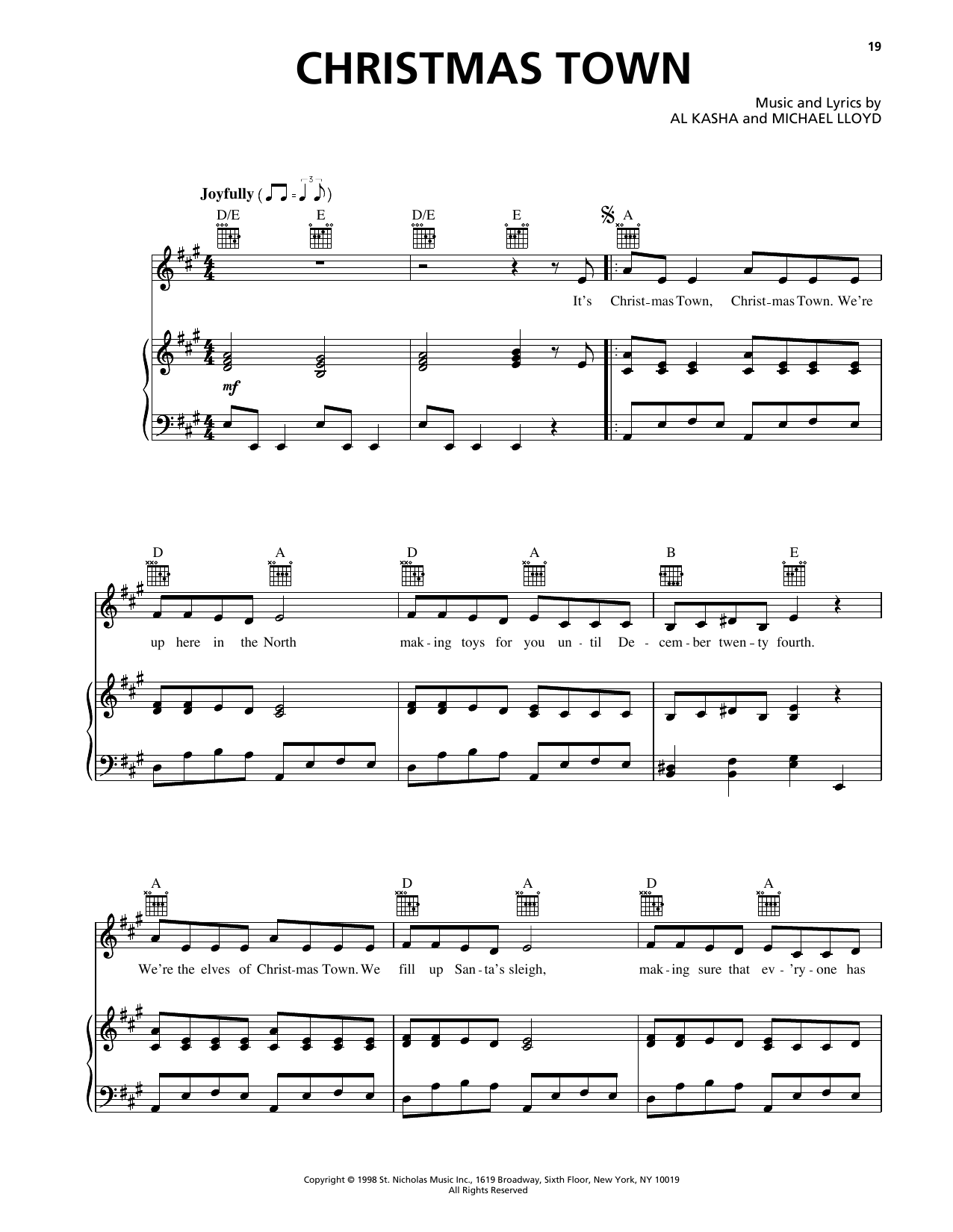 Al Kasha Christmas Town (from Rudolph The Red Nosed Reindeer) Sheet Music Notes & Chords for Piano, Vocal & Guitar Chords (Right-Hand Melody) - Download or Print PDF