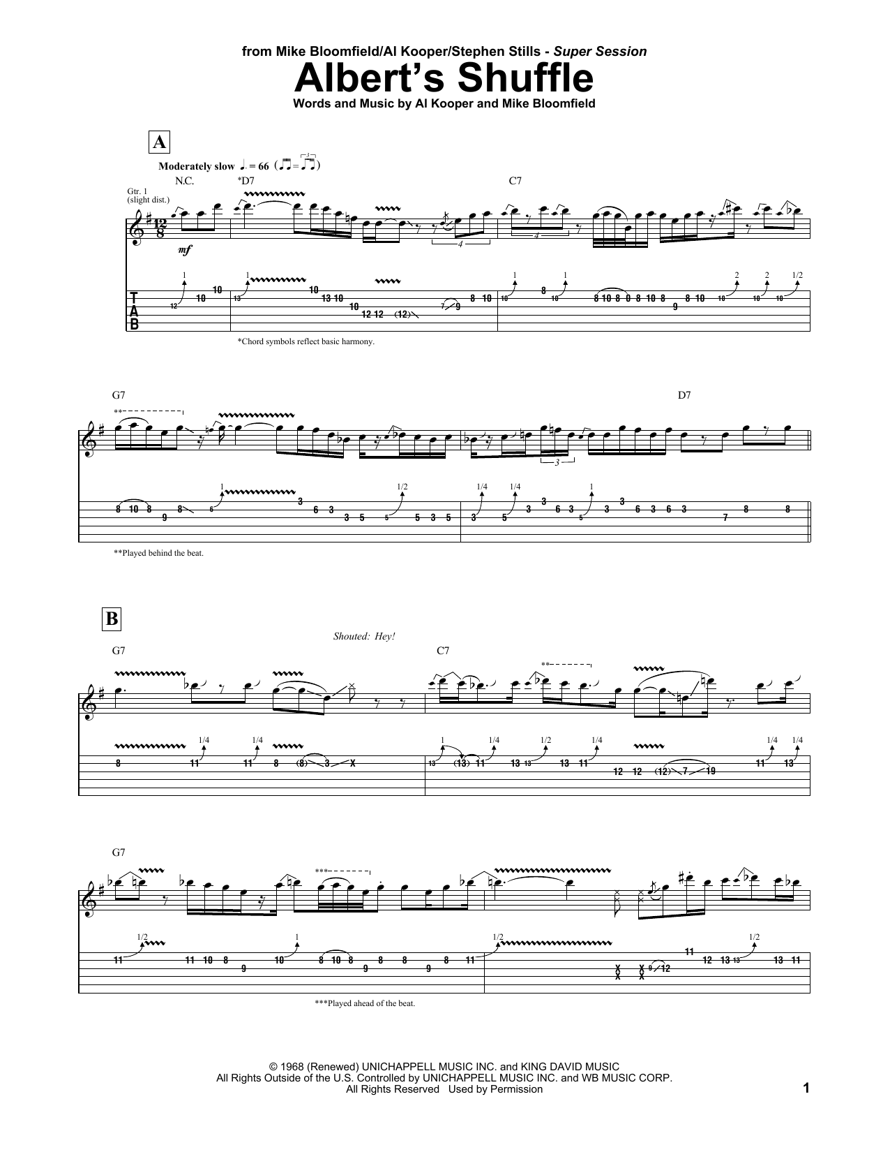 Al Kooper & Mike Bloomfield Albert's Shuffle Sheet Music Notes & Chords for Guitar Tab - Download or Print PDF